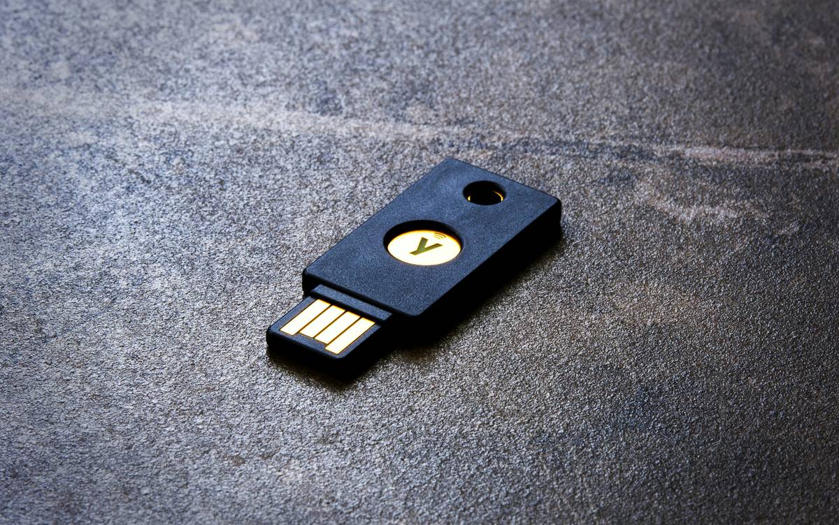 Security device that decrypts passwords – illustration showing a locked vault with digital keys, representing secure password management